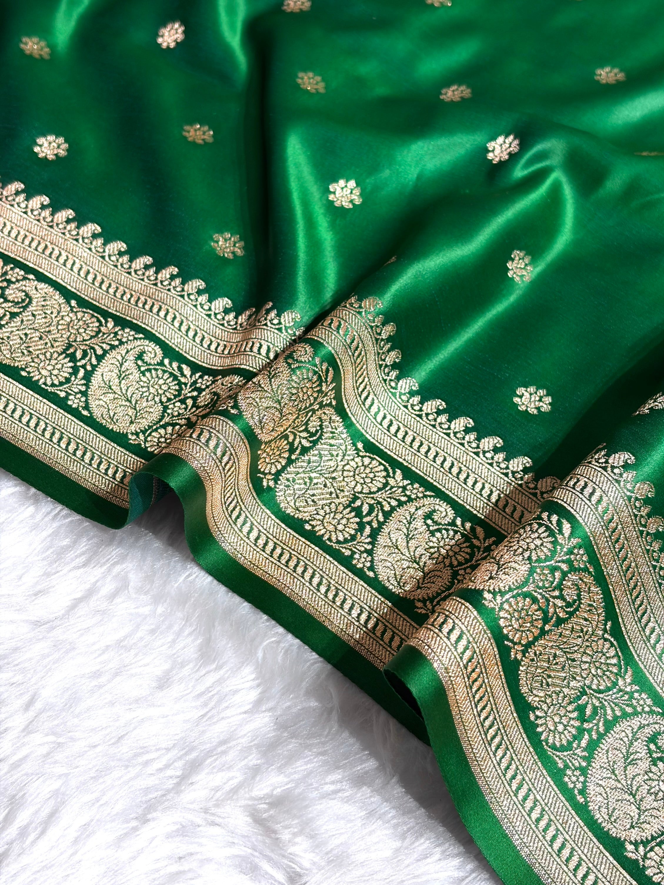 Banarasi Satin Katan Saree With Boota Pattern in Cross Green Shades SK127
