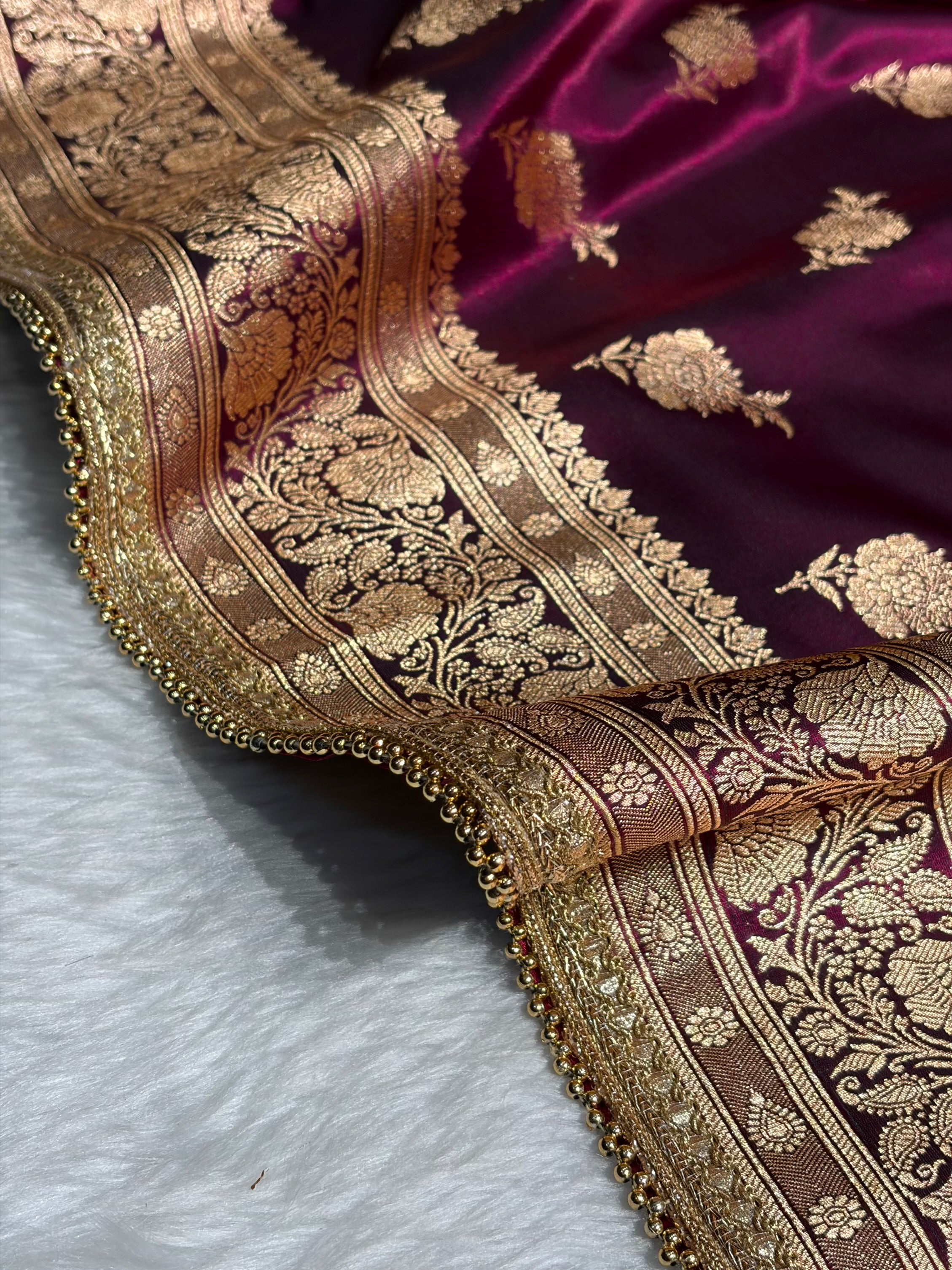 Banarasi Satin Silk Saree With Gotta Patti Floral Boota in Wine Shades SSGP26