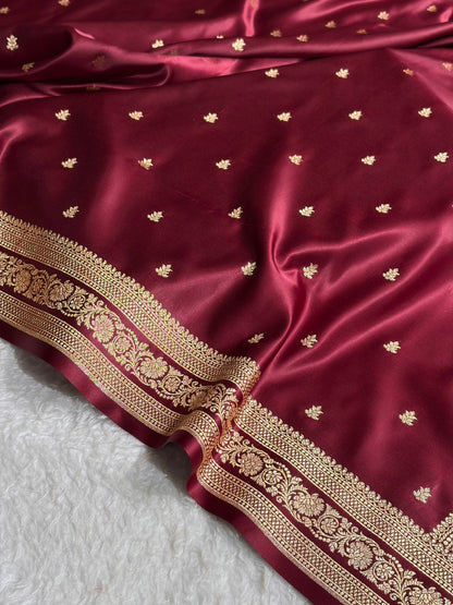 Banarasi Satin Katan Saree With Booti Pattern in Garnet Shades SK125