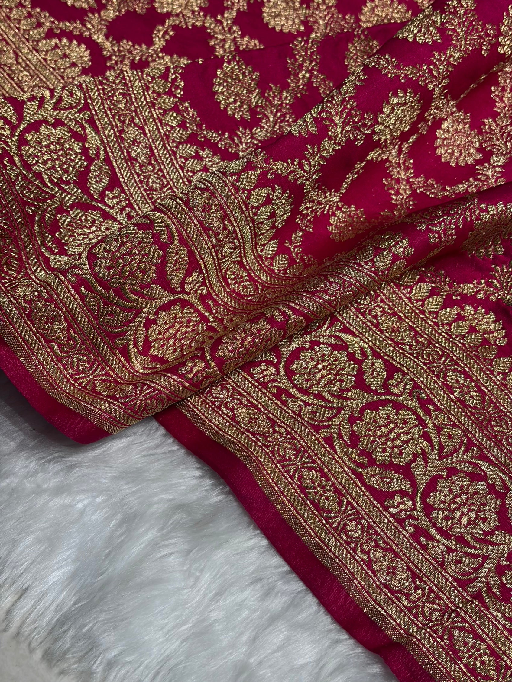 Satin Silk Jaal Pattern in Cross Rani Shades