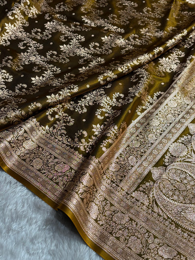 Mehndi Shades Jaal Pattern Banarasi Satin Silk Saree SS49