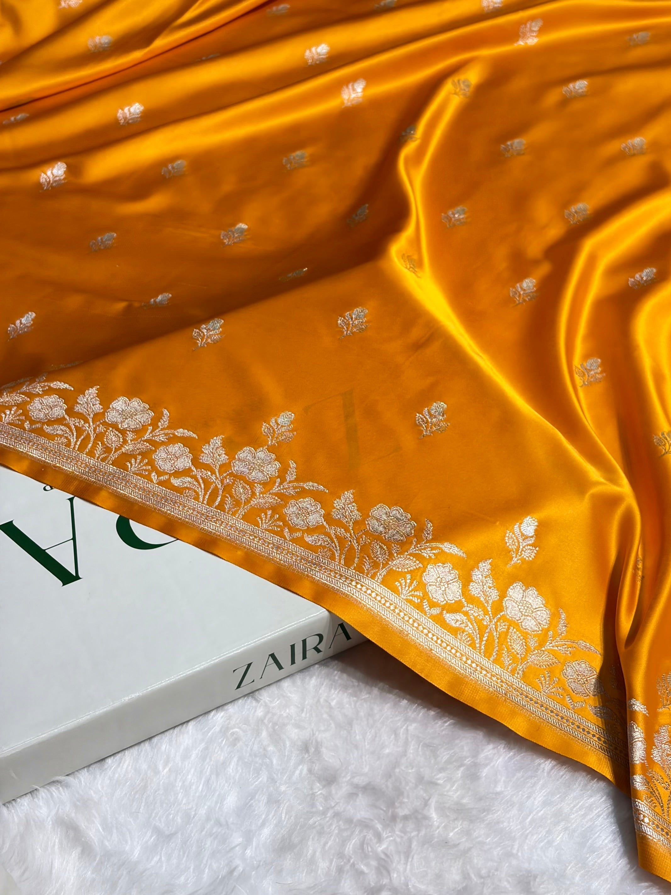 Mustard Yellow Blue Boota With Floral Border Mashru Silk Saree MSM-85