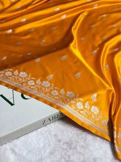 Mustard Yellow Blue Boota With Floral Border Mashru Silk Saree MSM-85