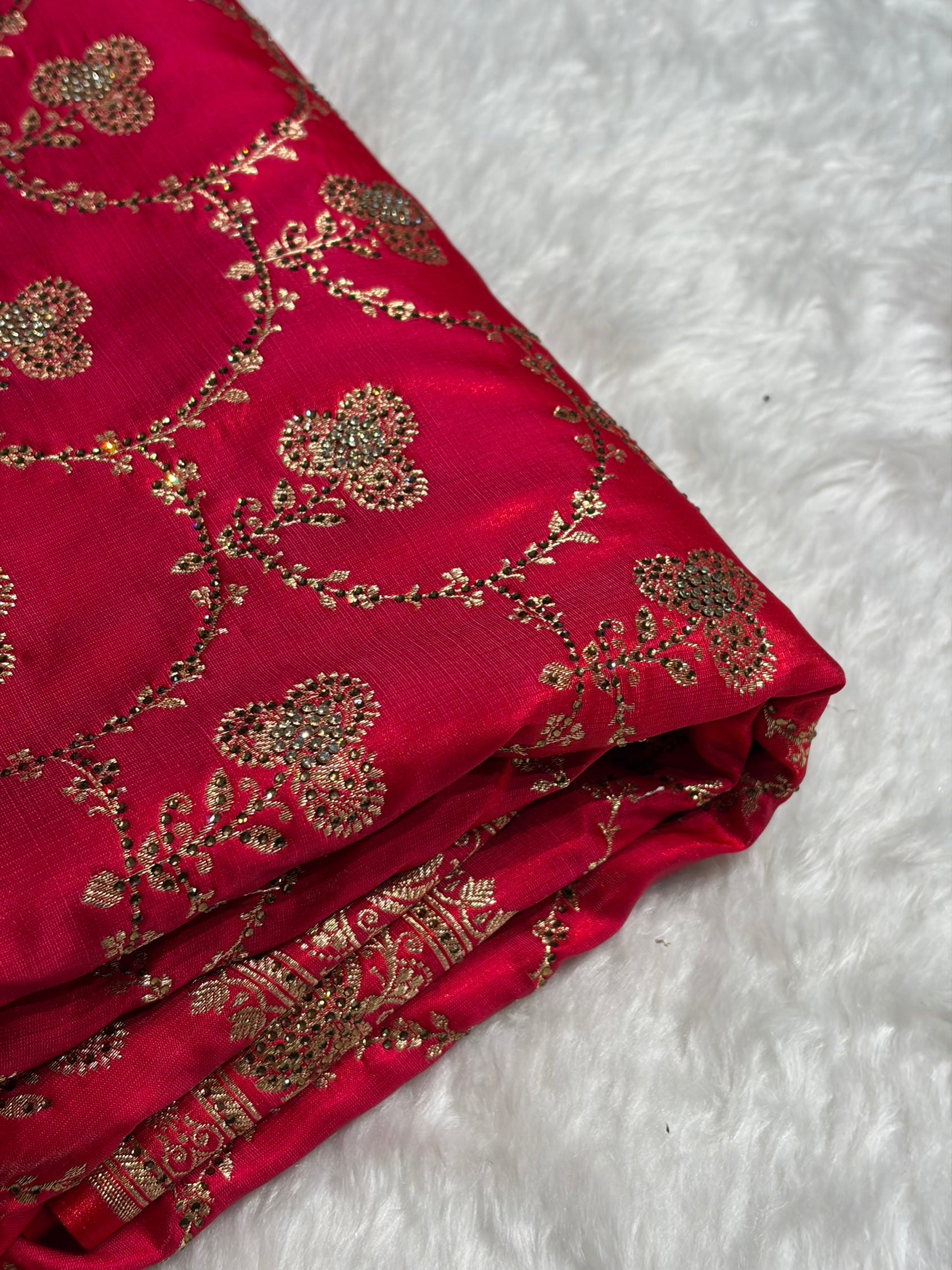 Satin Silk Saree Jaal in Pinkish Red Shades With Swarovski Work BSS23