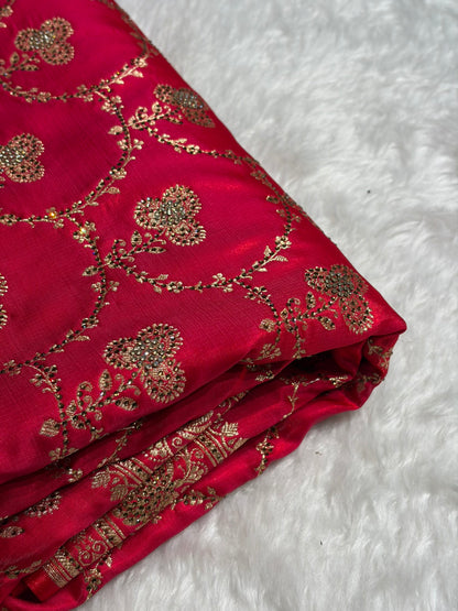 Satin Silk Saree Jaal in Pinkish Red Shades With Swarovski Work BSS23