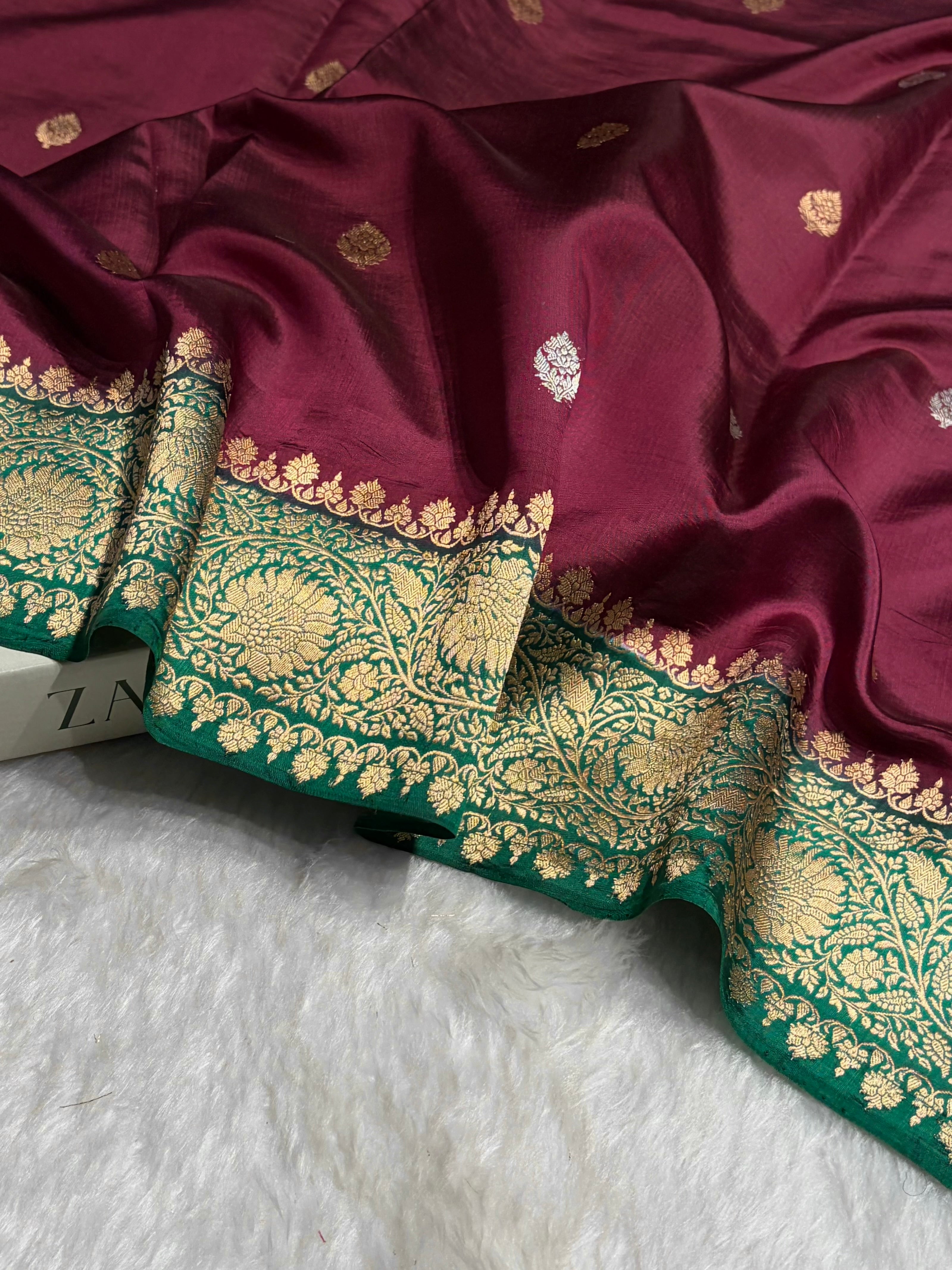 Contrast Wine With Bottle Green Boota Handwoven Pure Katan Raw Mango Silk RM-33