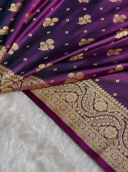 Wine Floral Unique Boota Pattern Satin Katan Silk Saree SK73