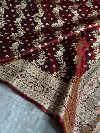 Satin Silk Saree Cross with Booti in Maroon Shades SS24