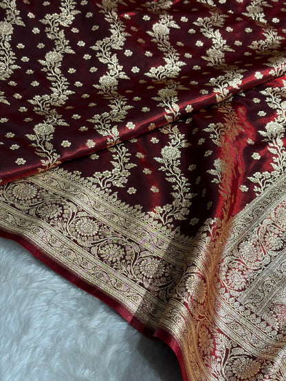Satin Silk Saree Cross with Booti in Maroon Shades SS24