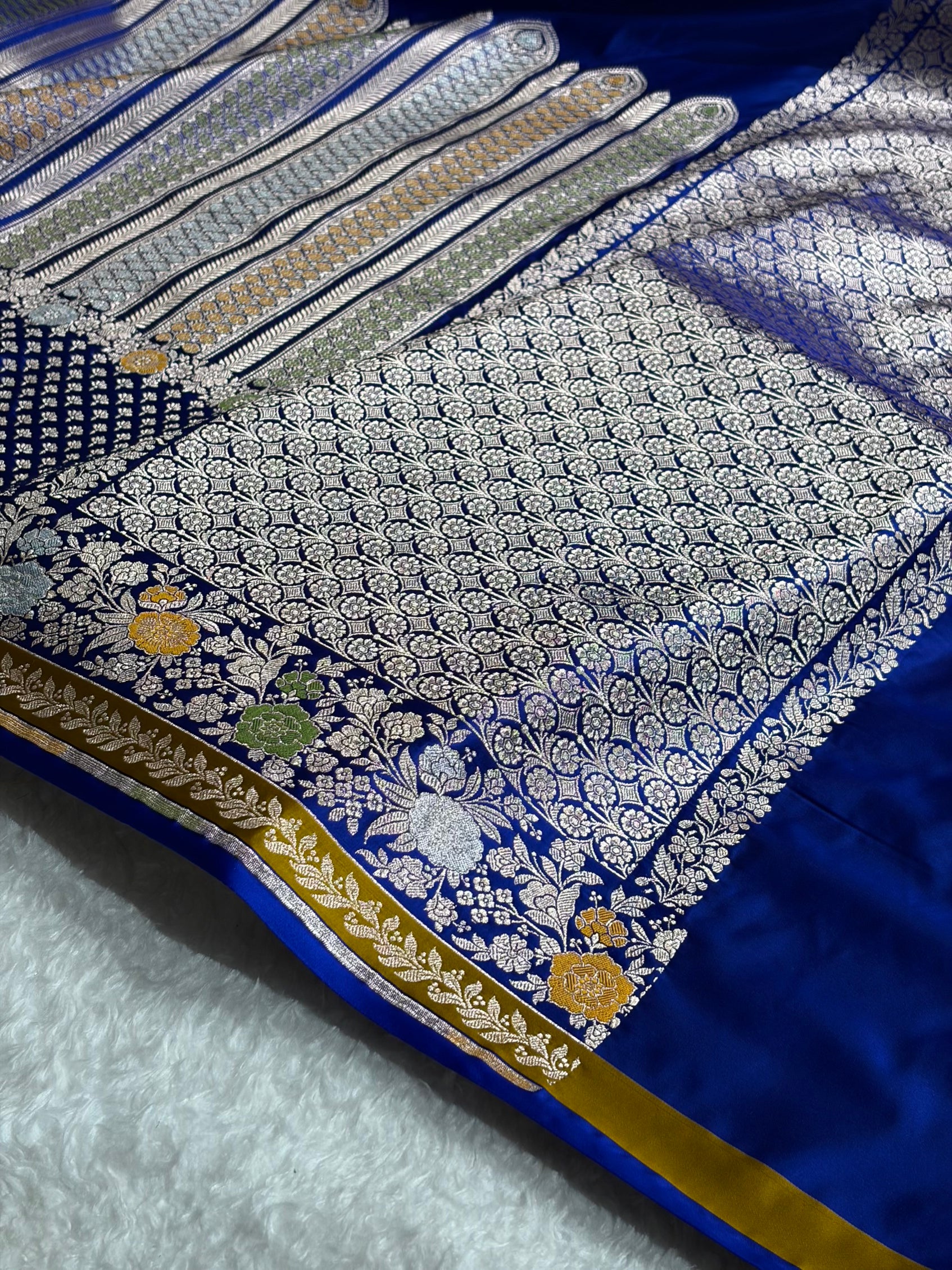 Royal Blue Banarasi Shades Floral Minakari Skirt Border Mashru Silk Saree MSM-83