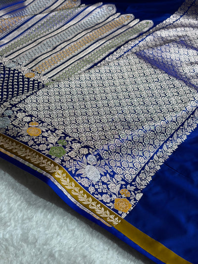 Royal Blue Banarasi Shades Floral Minakari Skirt Border Mashru Silk Saree MSM-83