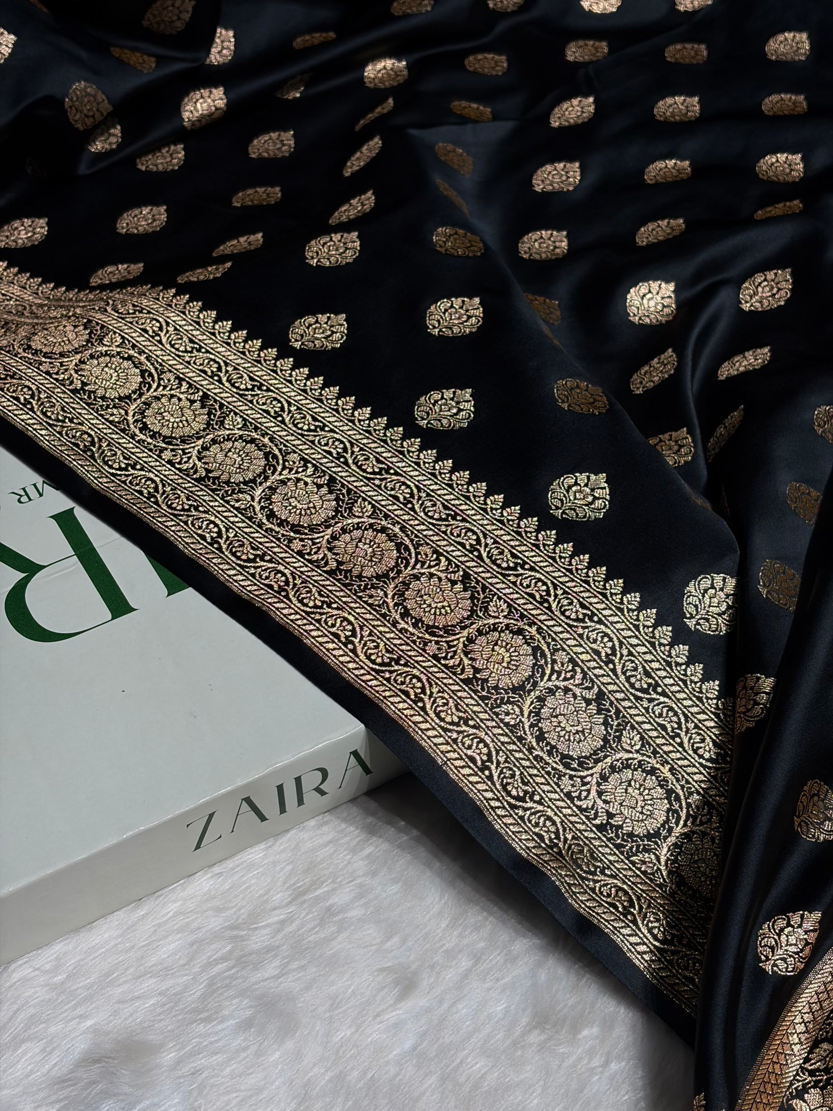 Boota Katan Silk Saree In Black Shades SK02