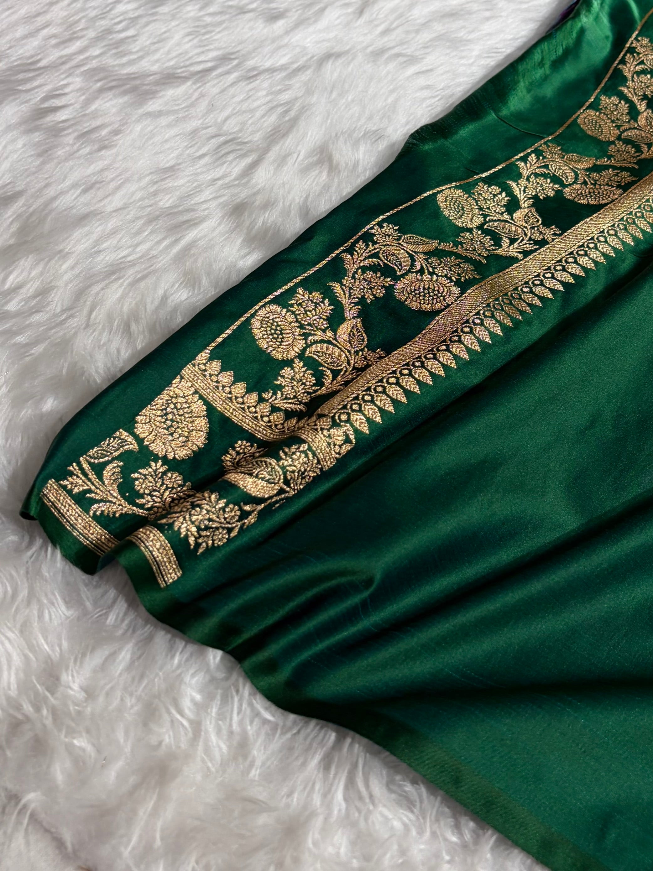 Banarasi Satin Katan Saree With Boota in Bottle Green Shades SK107