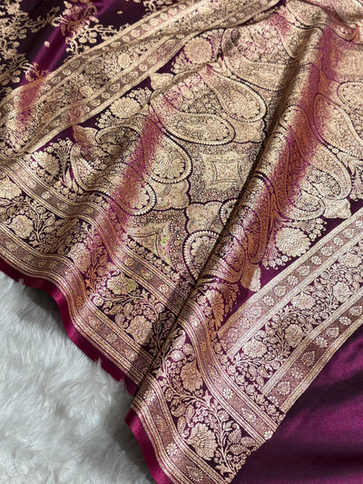 Wine Shades Jaal Pattern Banarasi Satin Silk Saree SS48