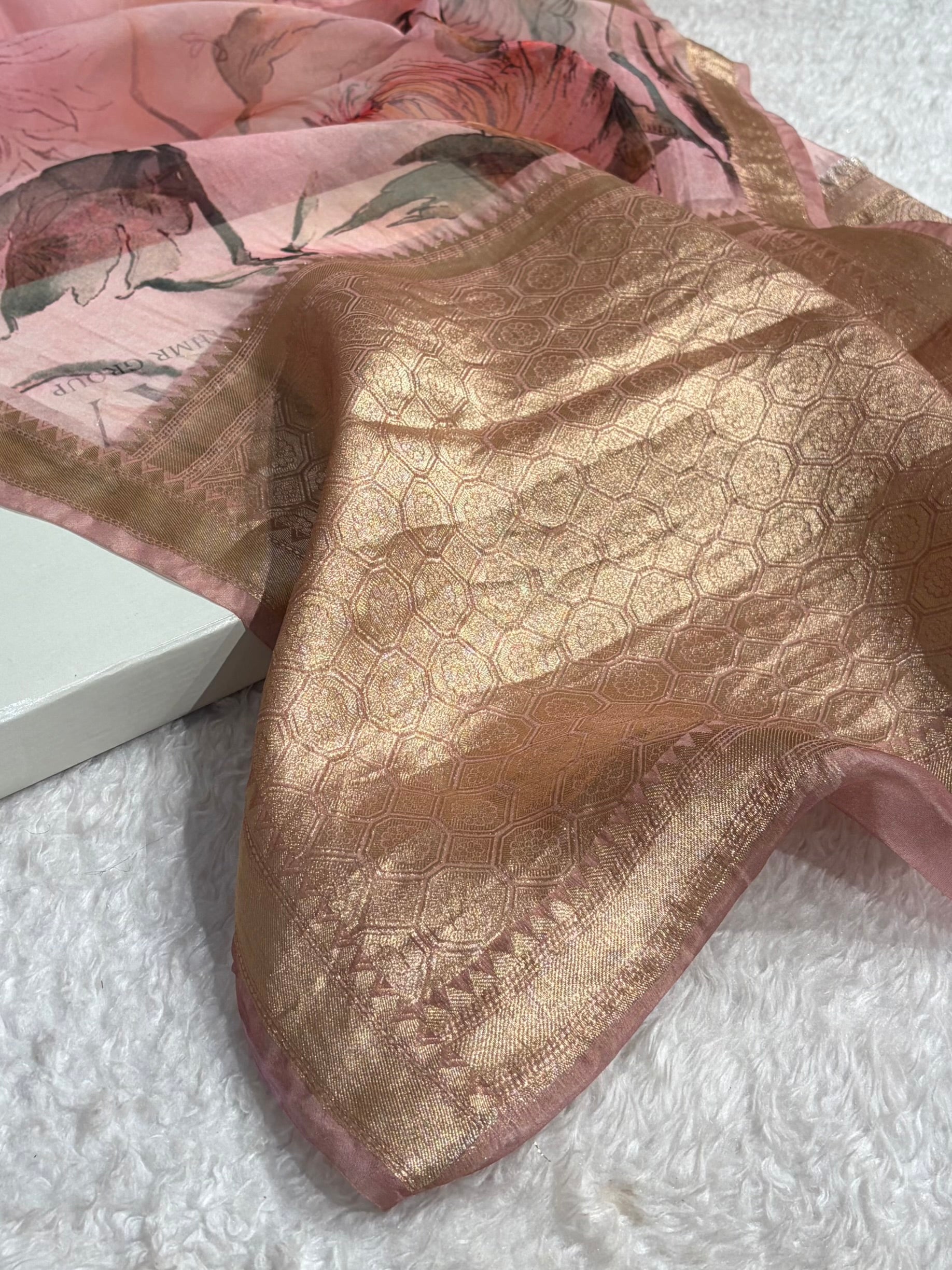 Organza with Pastel Multicolor Florals & Gold Zari Border POP19