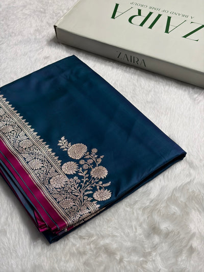 Peacock Blue Shades Floral Border Mashru Silk Saree MSM-62