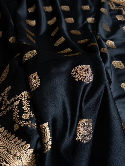 Banarasi Satin Katan Saree Floral Boota Pattern in Black Shades SK145