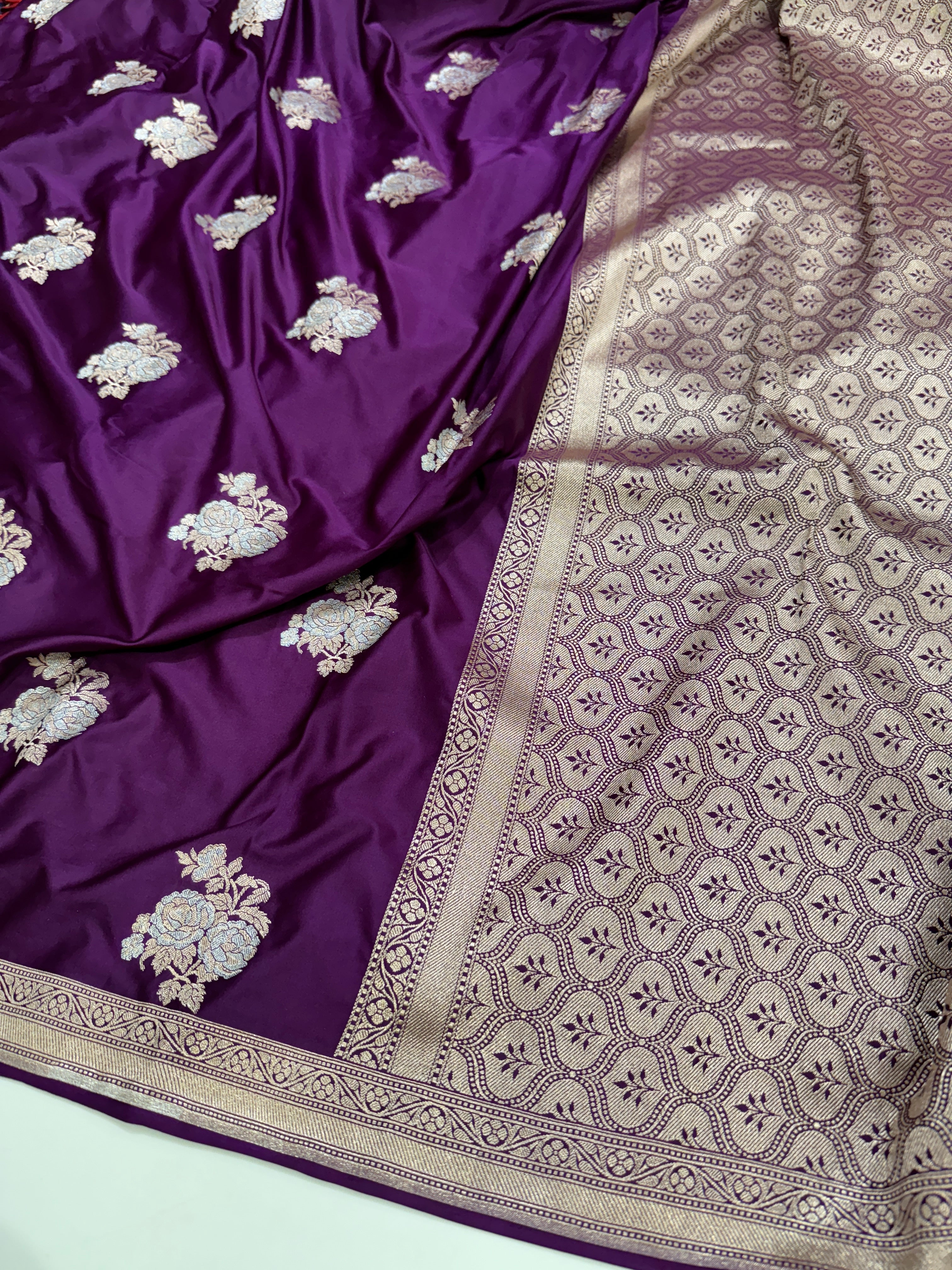 Purple Red Sona Rupa Floral Motif Mashru Silk Saree