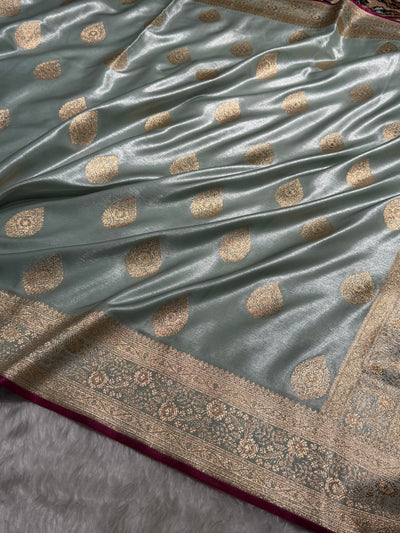 Ultra Light Weight Satin Silk Boota in Mint Green Shades SS05