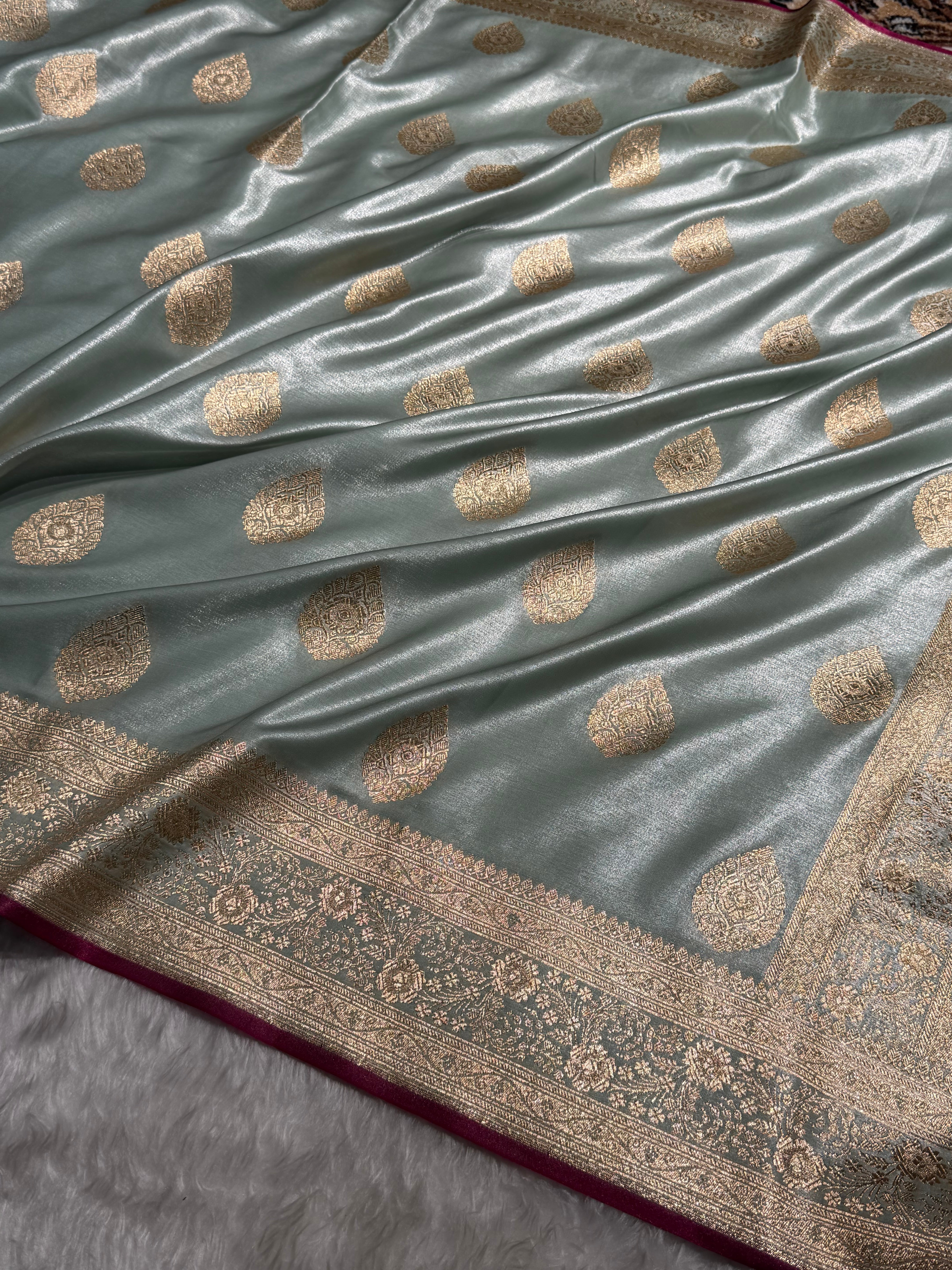 Ultra Light Weight Satin Silk Boota in Mint Green Shades SS05