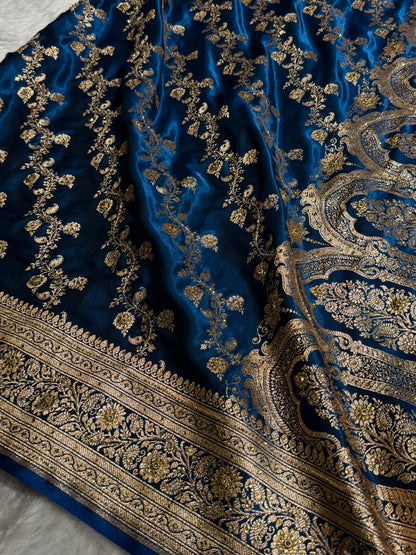 Banarasi German Blue Satin Cross with Ari and Stone BSS11