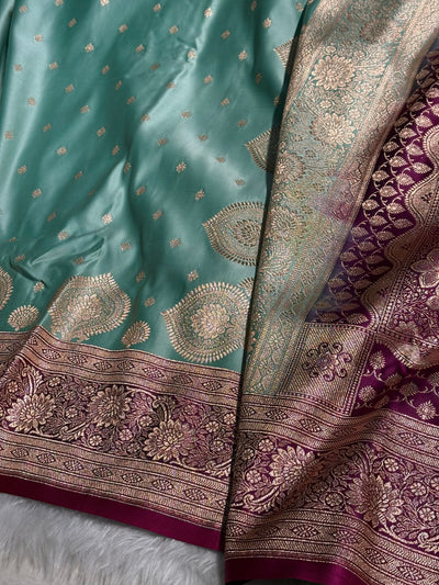 Sea Green with wine Booti Satin Katan Silk saree SK29