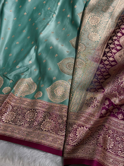 Sea Green with Rani Booti Satin Katan Silk saree SK29