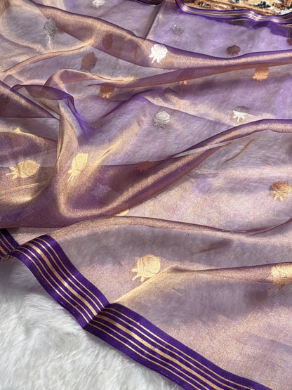 Purple Bananasi Floral Shades Pure Tissue Silk Saree PT-35
