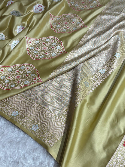 Premium Banarasi Satin Katan Saree Minakari Booti Pattern in Tusser Shades SK138