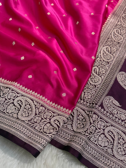 Pink - Wine 2D Tone Booti Mashru Silk Saree