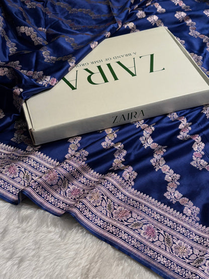 Royal Blue Shades Banarasi Minakari Mashru Silk Saree With Cross Pattern MS02