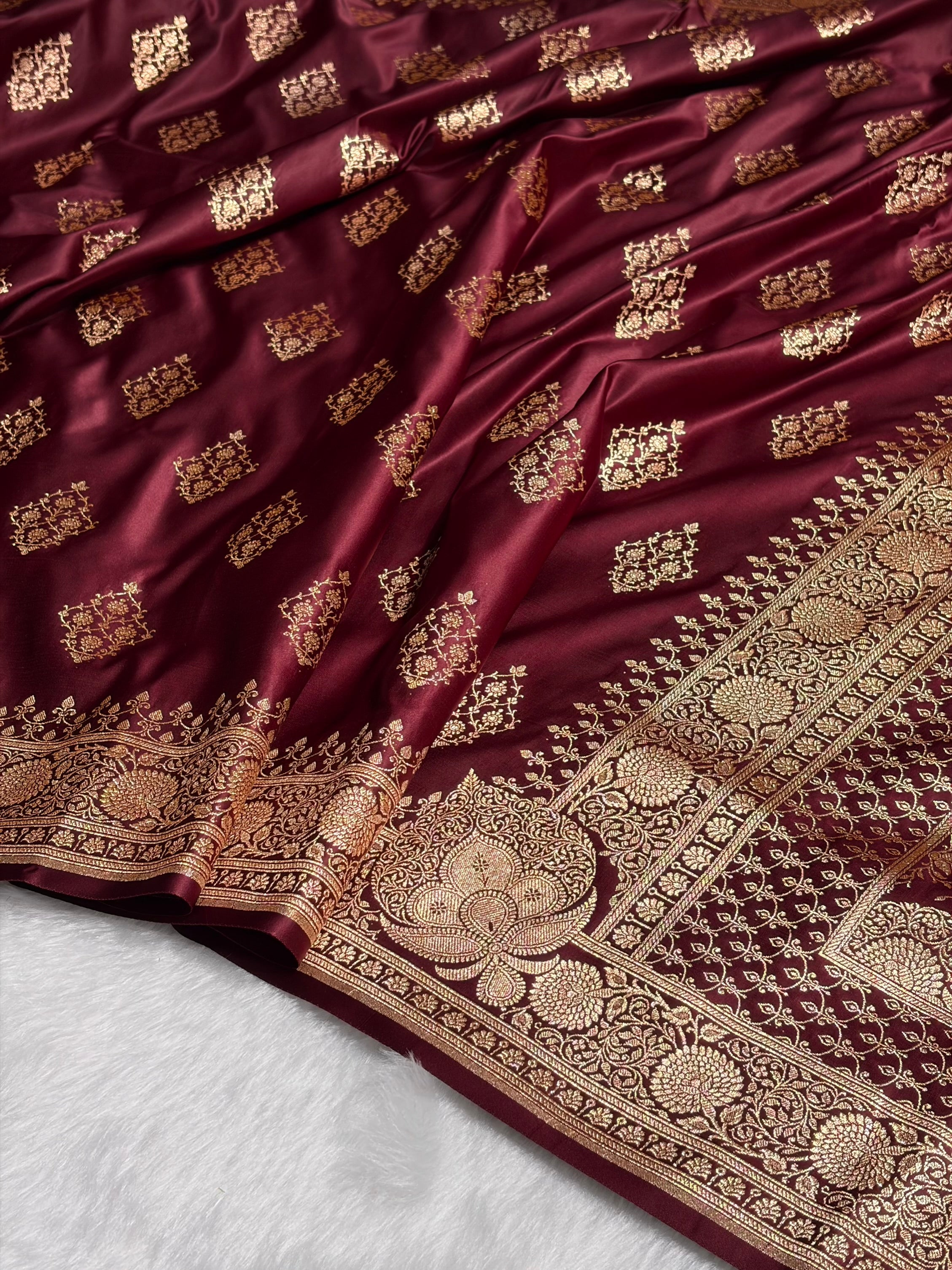 Garnet Floral Boota Satin Katan Silk saree SK35