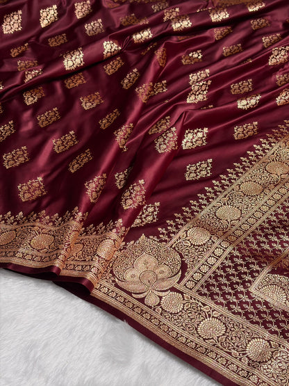 Garnet Floral Boota Satin Katan Silk saree SK35