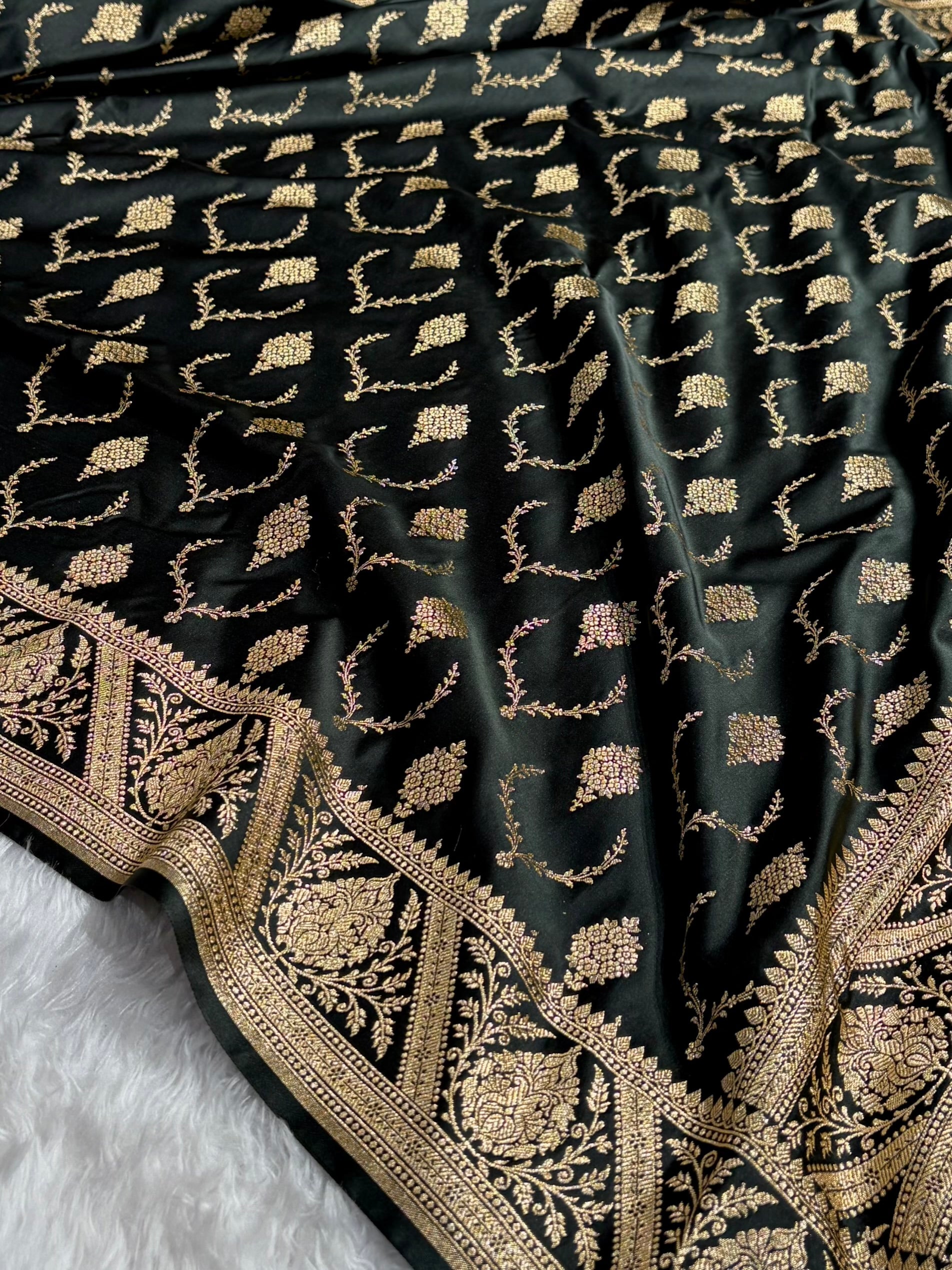Banarasi Satin Katan Saree With Boota in Black Shades SK116