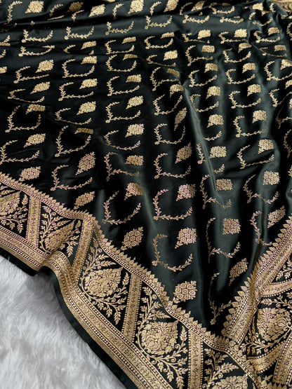 Banarasi Satin Katan Saree With Boota in Black Shades SK116