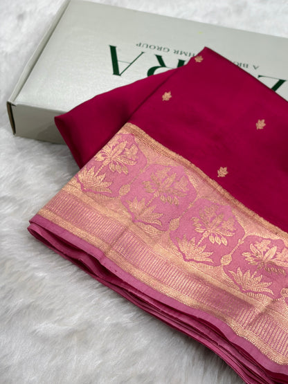 Banarasi Dark Rani With Baby Pink Contrast Shades Handwoven Pure Paper Silk Saree RM-89