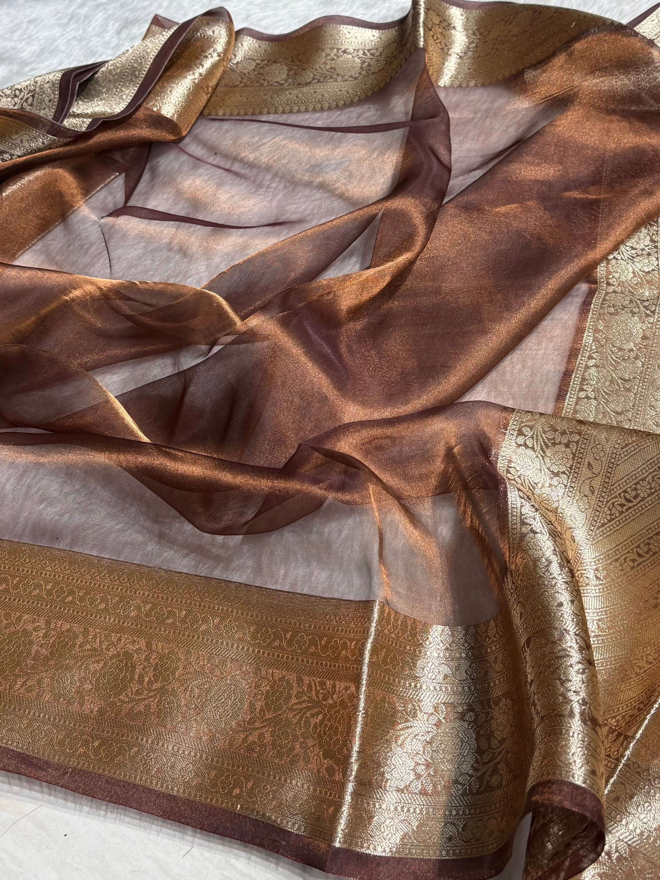 Chocolate Shades Pure Tissue Silk Saree with Brocade Blouse PT-08