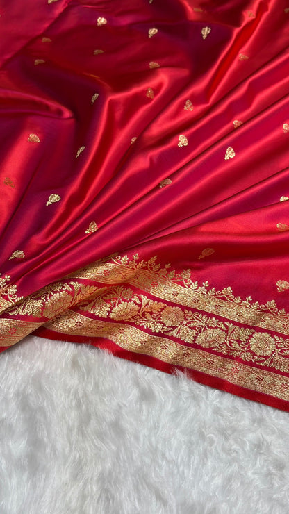 Magentic Red Booti Pattern Satin Katan Silk Saree SK66