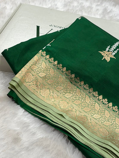Bottle Green With Pista Contrast Shades Meena Boota Handwoven Pure Katan Paper Silk RM-36