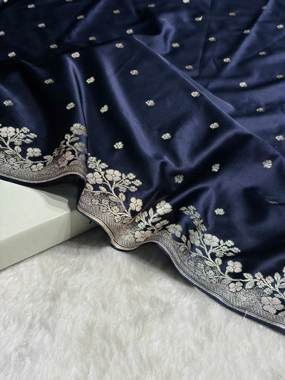 Navy Blue Shades Floral Border Booti Mashru Silk Saree MCS75