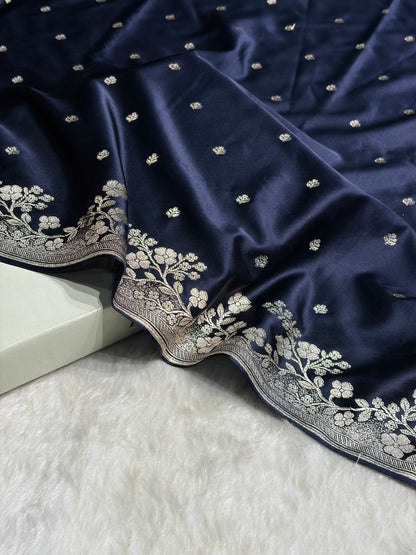 Navy Blue Shades Floral Border Booti Mashru Silk Saree MS75