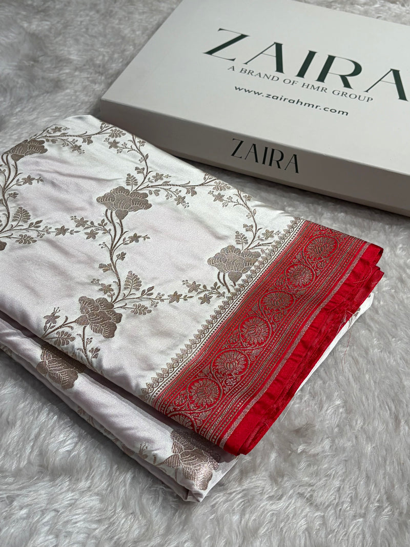 Banarasi Contrast White / Red Shades Jaal With Mashru Silk Saree MCS63