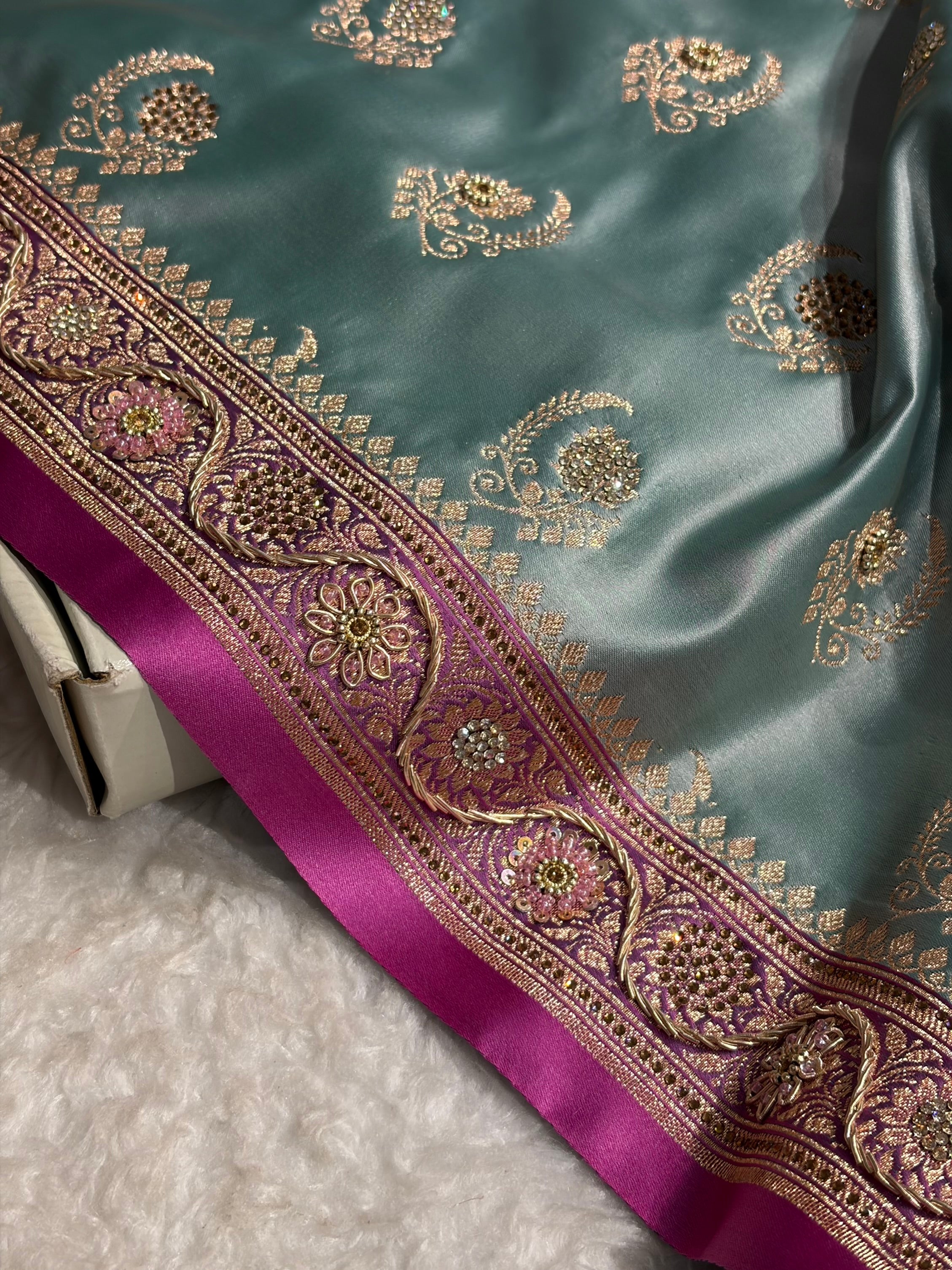 Turquoise with Lavender Floral Boota With Swarovski & Zardozi Work Satin Katan Silk saree BSK27
