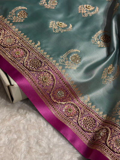 Turquoise with Lavender Floral Boota With Swarovski & Zardozi Work Satin Katan Silk saree BSK27