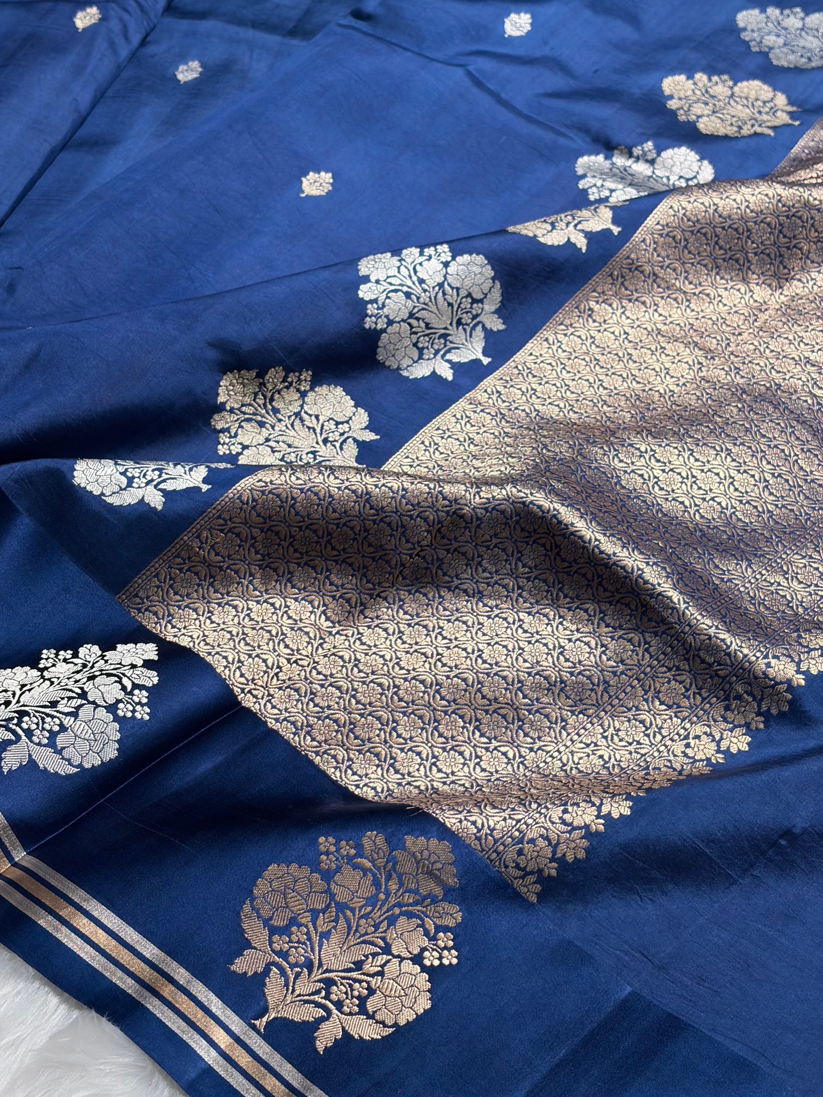 Royal Blue Shades Meena Boota Handwoven Pure Katan Raw Mango Silk RM-01
