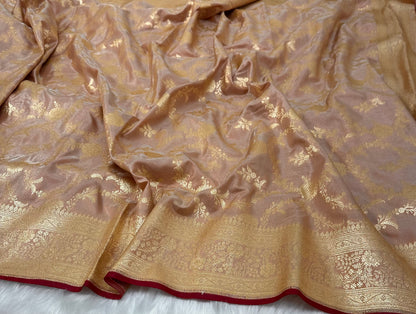 Dusty Peach Shades Satin Silk Jaal Pattern Banarasi Saree