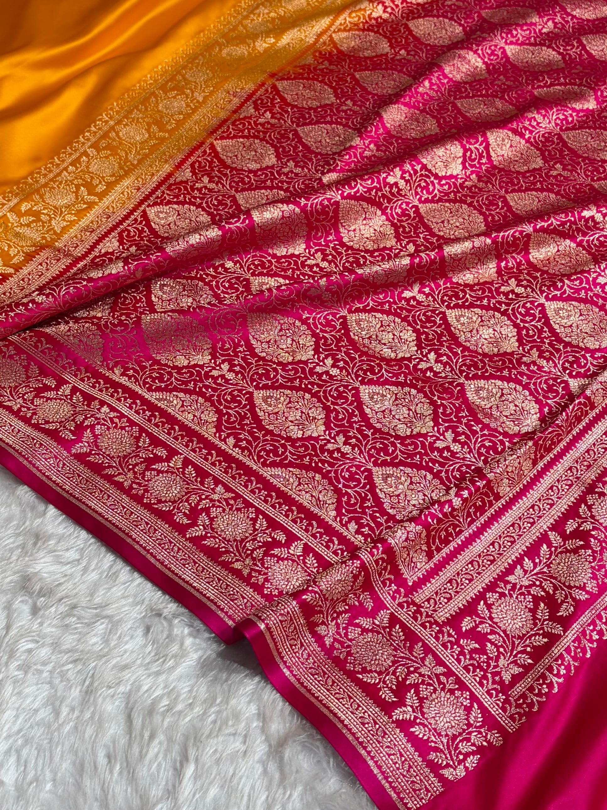 Banarasi Satin Katan Saree Floral Booti Pattern in Contrast Mustard / Rani Shades SK149