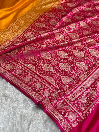 Banarasi Satin Katan Saree Floral Booti Pattern in Contrast Mustard / Rani Shades SK149