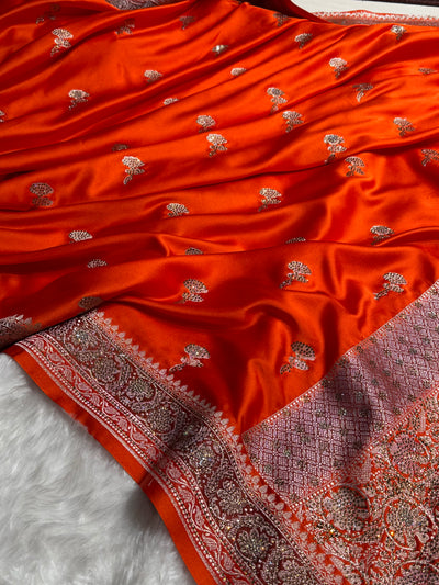 Banarasi Orange Shades Mashru Silk Saree With Swarovski Stone Work  BMCS51