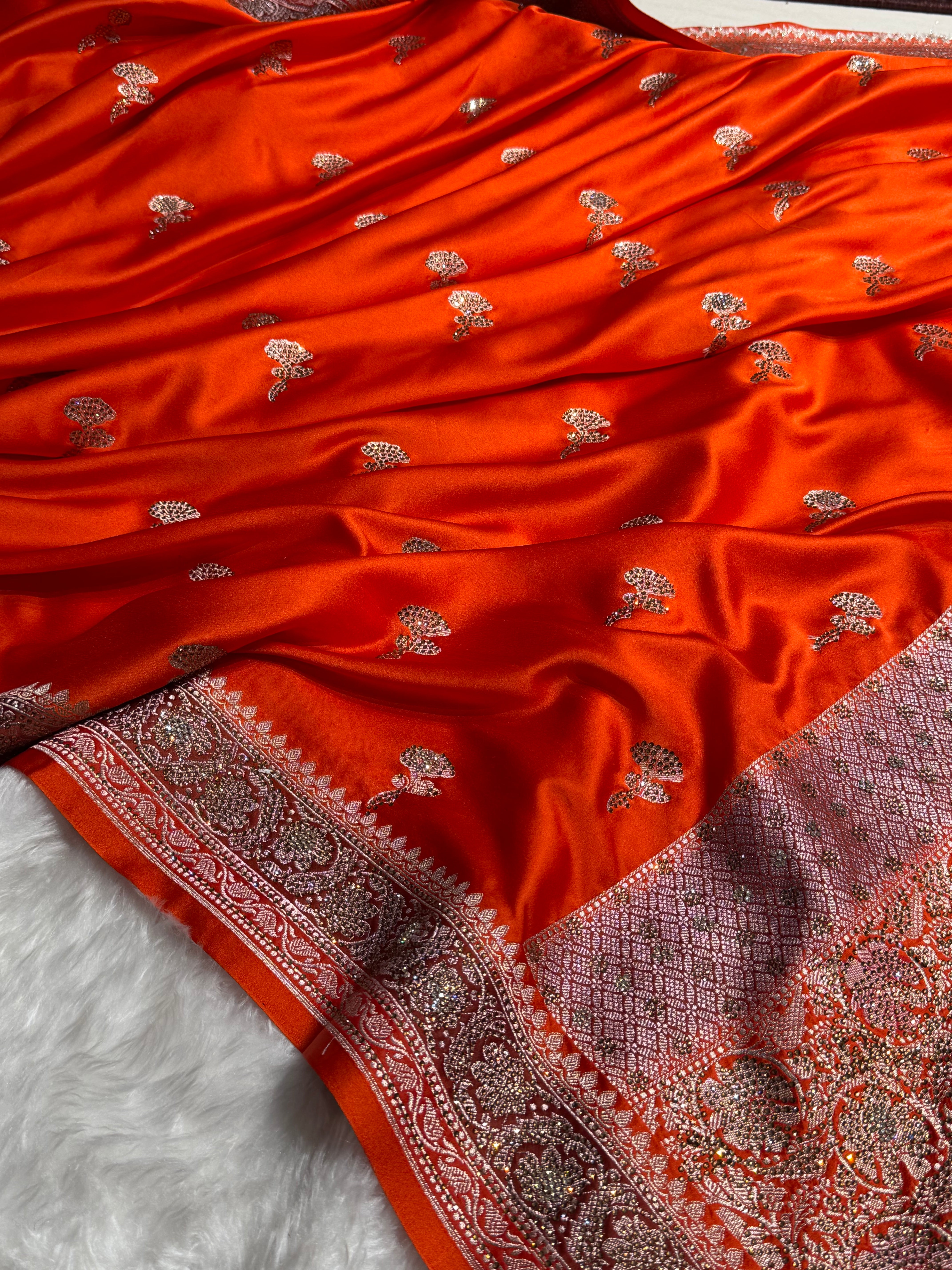 Banarasi Orange Shades Mashru Silk Saree With Swarovski Stone Work  BMS51